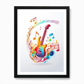 Colorful Guitar With Music Notes Art Print