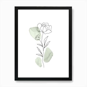 Botanical Line Art, Peony Boho Minimalist in Sage Green, Watercolor Art Print