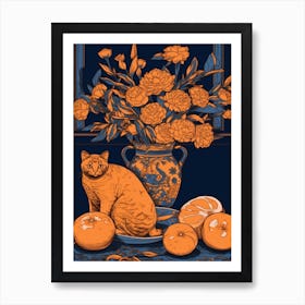 Drawing Of A Still Life Of Marigold With A Cat 2 Art Print