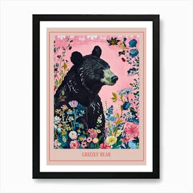 Floral Animal Painting Grizzly Bear 2 Poster Art Print