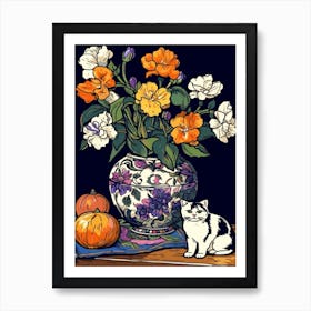 Drawing Of A Still Life Of Anemone With A Cat 4 Art Print