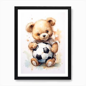 Football Soccer Ball Teddy Bear Painting Watercolour 1 Art Print