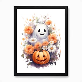 Cute Ghost With Pumpkins Halloween Watercolour 22 Art Print