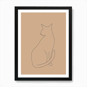 Cat Sitting On A Beige Background - Boho, Line Art Art Print