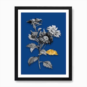 Vintage Red Aster Flowers Black and White Gold Leaf Floral Art on Midnight Blue n.0165 Art Print