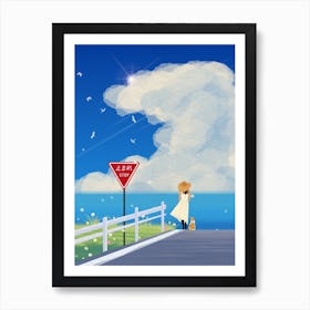 Minimal art Japanese Girl Walking On The Road Art Print