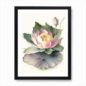 Blooming Lotus Flower In Lake Watercolour Ink Pencil 3 Art Print