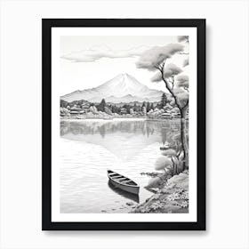 Lake Toya In Hokkaido, Ukiyo E Black And White Line Art Drawing 3 Art Print