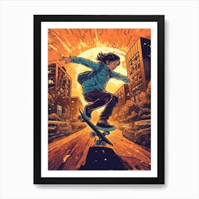 Skateboarding In Seoul, South Korea Comic Style 3 Art Print