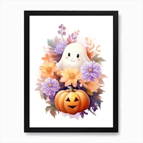 Cute Ghost With Pumpkins Halloween Watercolour 1 Art Print