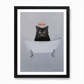 Black Cat With Fishbowl In Bathtub Art Print