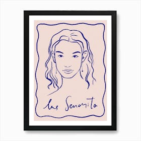 Las Senorita. Portrait of a Woman. Italian Minimalist Pink with Blue Line Art Print