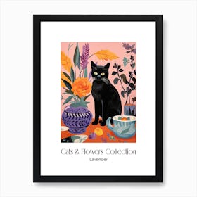 Cats & Flowers Collection Lavender Flower Vase And A Cat, A Painting In The Style Of Matisse 0 Art Print