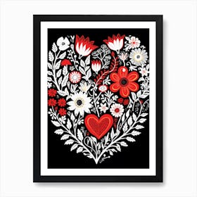 Folky Red & Black Heart Pattern 1 Art Print