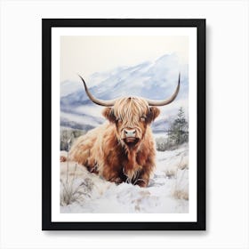 Highland Cow In The Snow Watercolour 4 Art Print