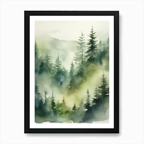 Appalachian Mountains of Misty Pines Watercolor Print of Evergreen Forest..149 Art Print