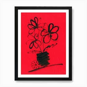 Flowers In A Vase red black ink Art Print