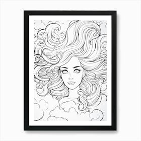 Wavy Hair Fine Line Drawing Colouring Book Style 3 Art Print