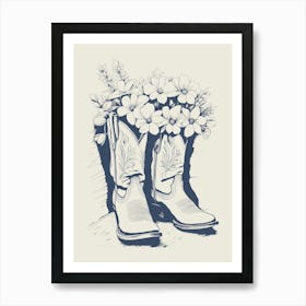 Cowgirl Boots with Flowers in Denim Blue Art Print
