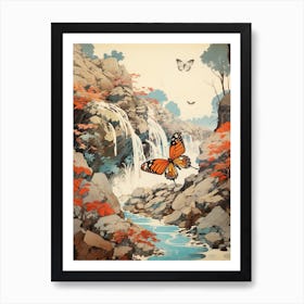 Butterfly With Waterfall Japanese Style Painting Art Print