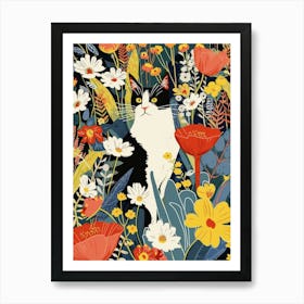 Black And White Cat In A Flower Garden Colours Art Print