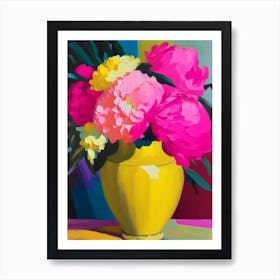 Vase Of Colourful Peonies Pink And Yellow Colourful Painting Art Print