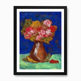 Floral On Blue - flowers red mint green vertical floral painting Anton Maliar living room bedroom Art Print