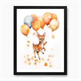 Deer Flying With Autumn Fall Pumpkins And Balloons Watercolour Nursery 2 Art Print