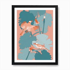 Orange Birds With Turquoise Leaves Art Print