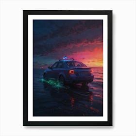 Car In The Ocean At Sunset Art Print