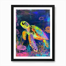 Neon Underwater Sea Turtle Doodle 3 Art Print