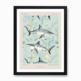 Pastel Blue Bull Shark Watercolour Seascape Pattern 2 Poster Art Print