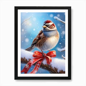 Winter Sparrow Adorned In Vibrant Festive Attire Perched Jauntily On A Frost Kissed Branch Snowfl Art Print