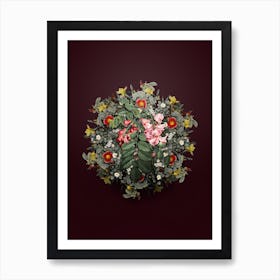Vintage Robinier Rose Bloom Flower Wreath on Wine Red n.0683 Art Print