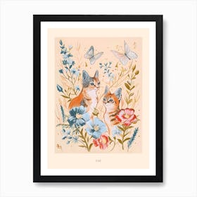 Folksy Floral Animal Drawing Cat 3 Poster Art Print