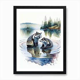 Raccoons In The Lake Abstract Watercolour Art Print