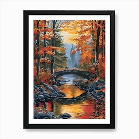 Fall Autumn Fall Leaves River Bridge Forest Tranquil Art Print