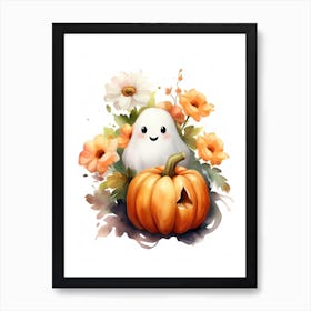 Cute Ghost With Pumpkins Halloween Watercolour 72 Art Print