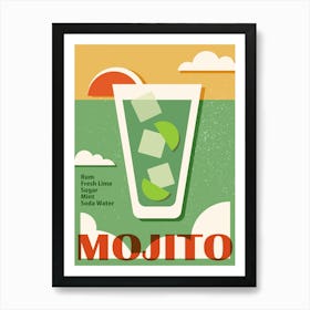 Mojito recipe poster, Cocktail art print, Retro 70s Art Print