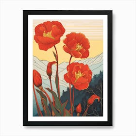 Red Tulips Mounatin Landscape 2 Art Print