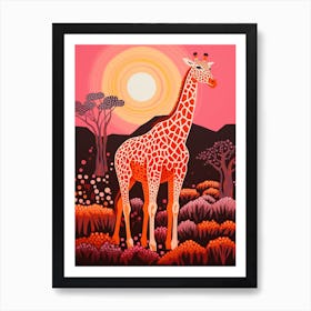 Giraffe With Trees In The Background Pink & Mustard 2 Art Print