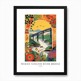 Wuhan Yangtze River Bridge, China, Colourful Travel Poster Art Print