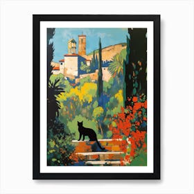 A Painting Of A Cat In Gardens Of Alhambra, Spain In The Style Of Pop Art 03 Art Print