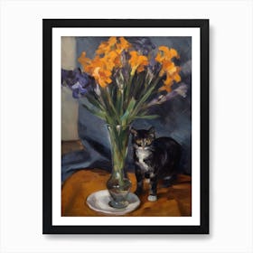 Flower Vase Crocus With A Cat 4 Impressionism, Cezanne Style Art Print