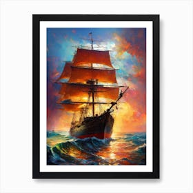 Sailing Ship At Sunset 1 Art Print