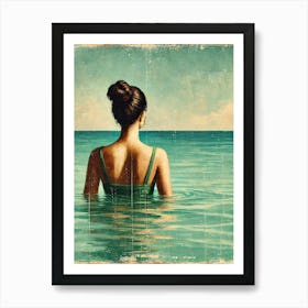 A Painting In A Vintage Oil Painting Style, Showing The Back Of A Woman With Dark Hair In A Bun, Wearing A Green Swimsuit. Art Print