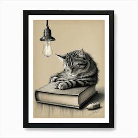 Cat Sleeping On A Book Art Print