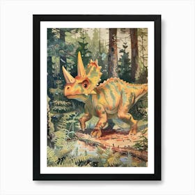 Cute Triceratops In The Woodlands Vintage Storybook Painting 2 Affiche