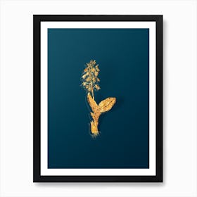 Vintage Brown Widelip Orchid Botanical in Gold on Teal Blue Art Print