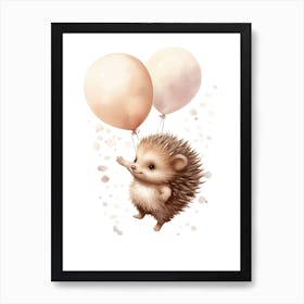 Baby Hedgehog Flying With Ballons, Watercolour Nursery Art 2 Art Print